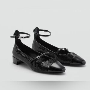 Mango Black Sequin Ankle-Strap Mary Jane Flats